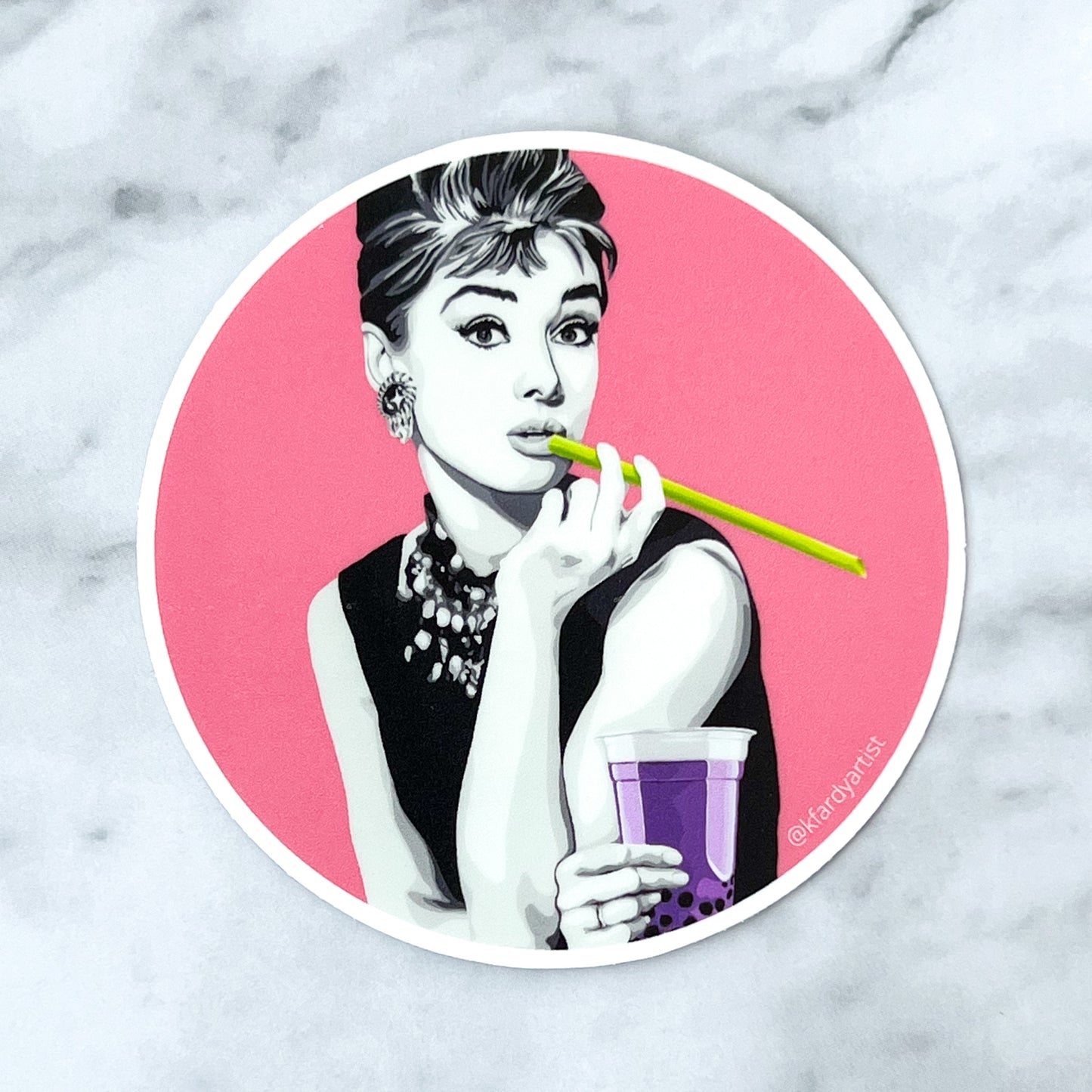 Audrey Hepburn with boba round 3" sticker
