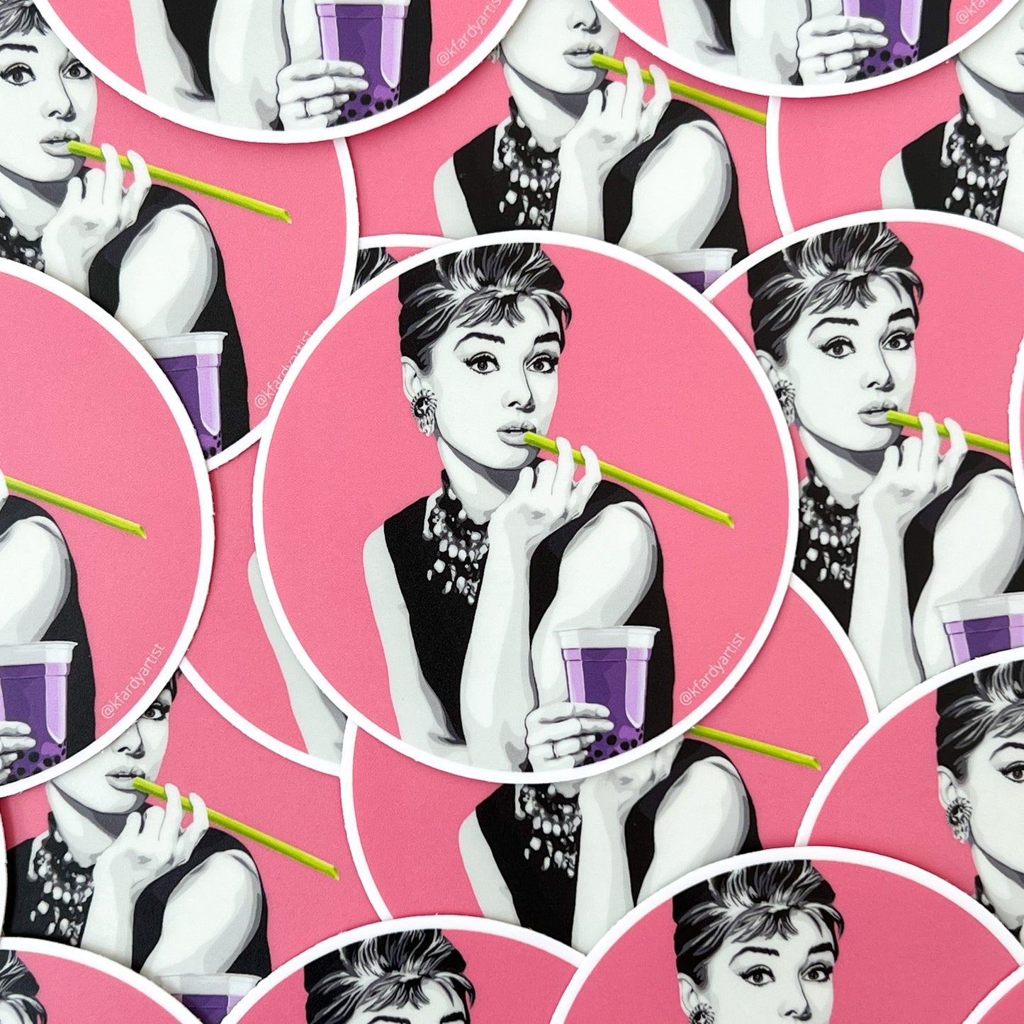 Audrey Hepburn with boba round 3" sticker
