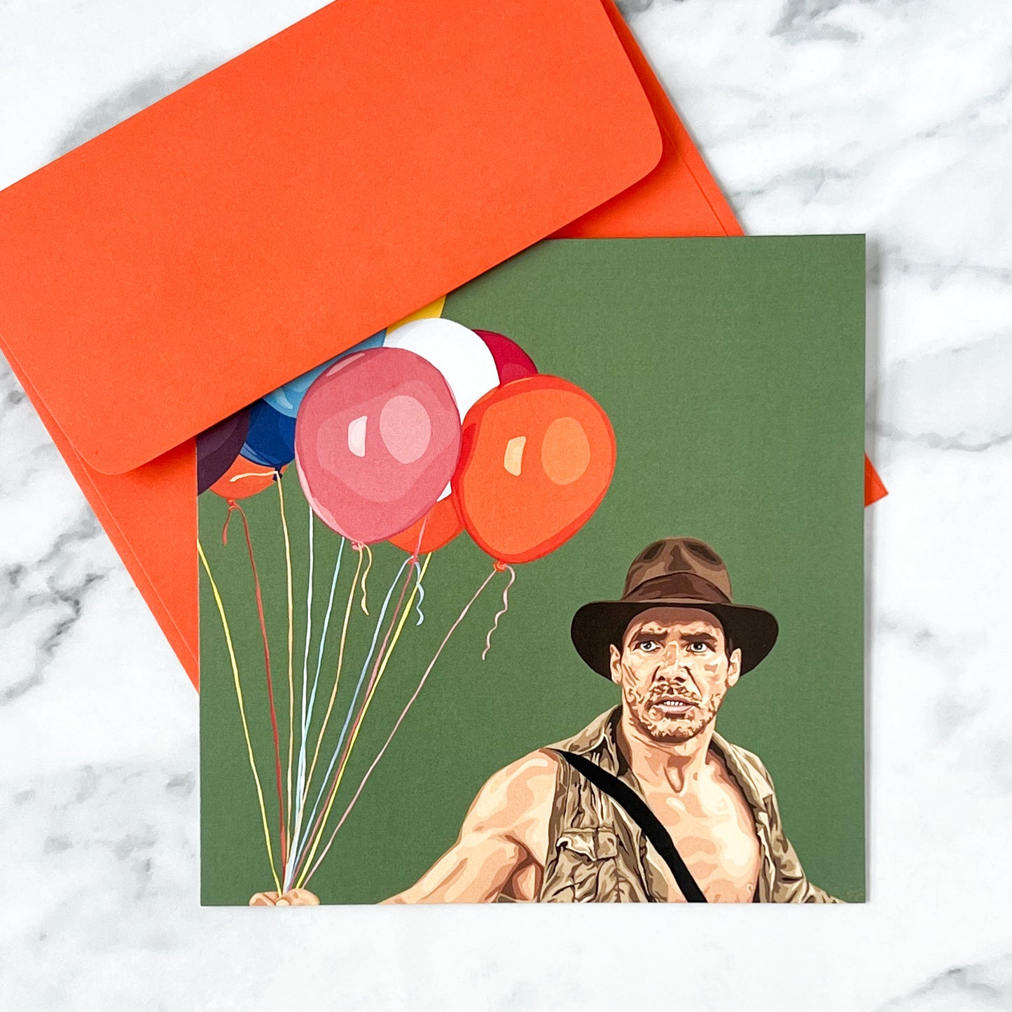 Blank greeting card - A Little Cheer Against The Doom (Indy with birthday balloons)