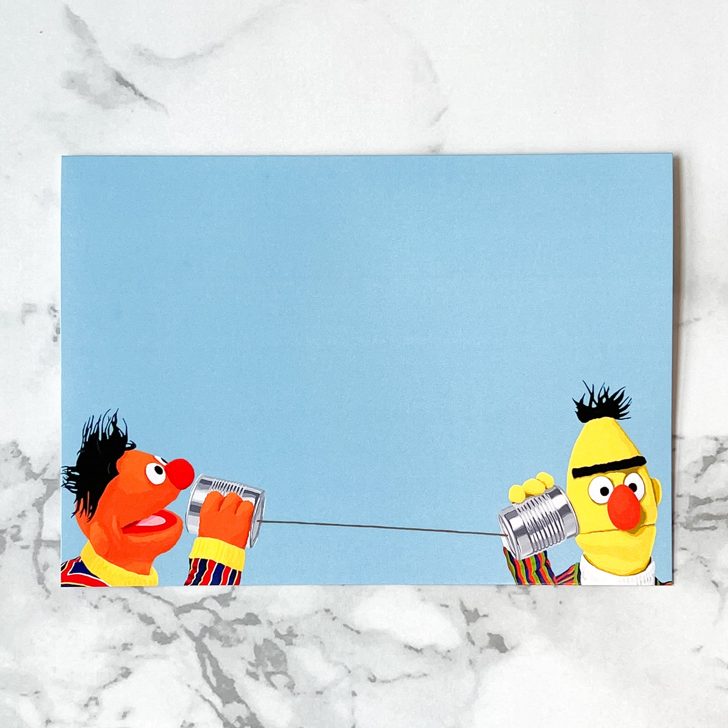 Blank greeting card - "B... I'm Gay." (E and B with tin can telephone)