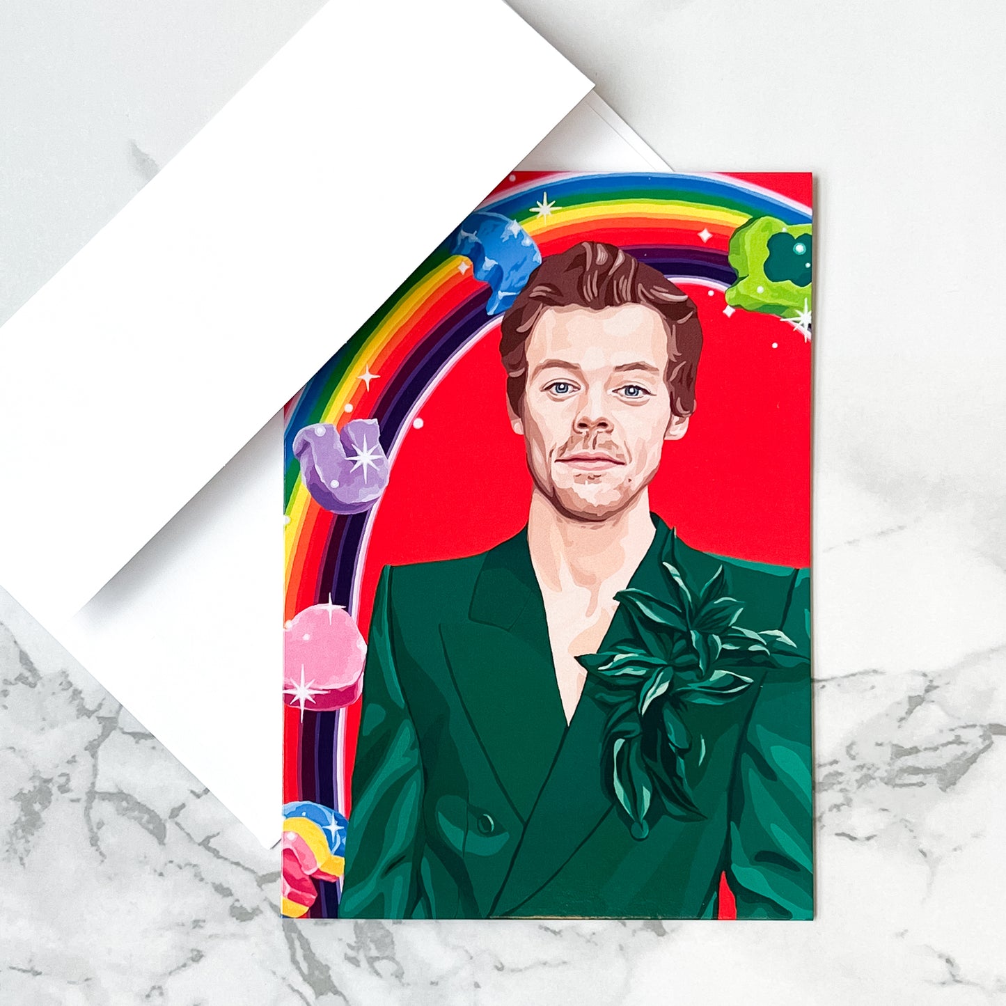 Blank greeting card - Harry Styles with rainbow and marshmallows