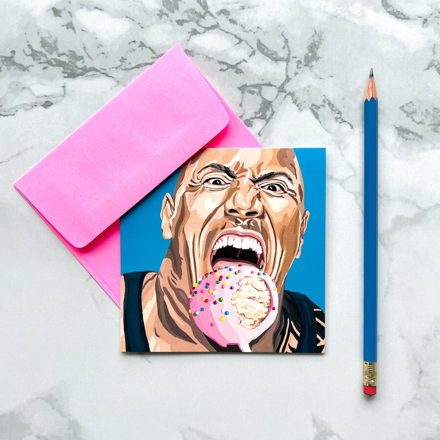 Blank greeting card - The Rock eating a cake pop