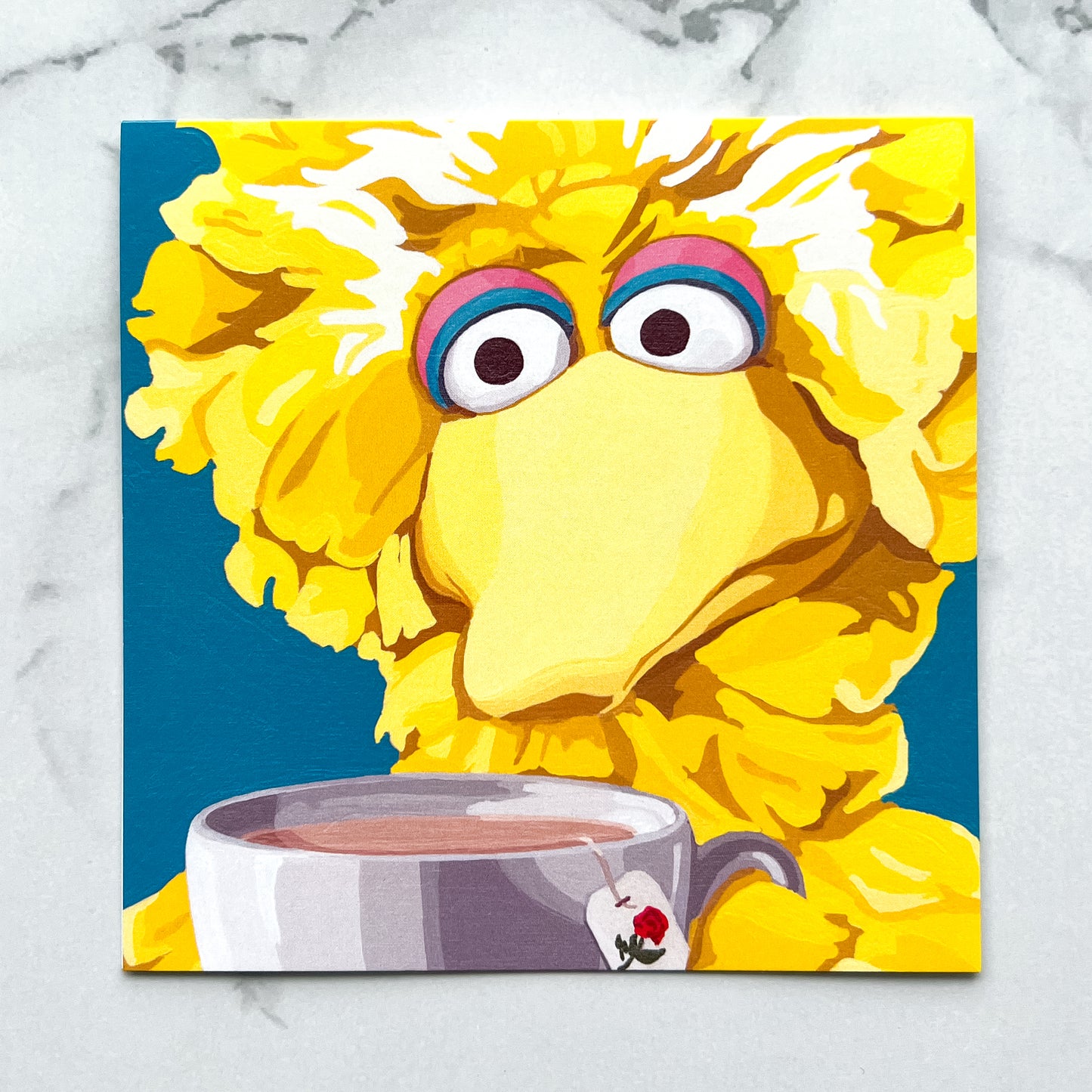 Blank greeting card - Yellow bird drinking Red Rose tea