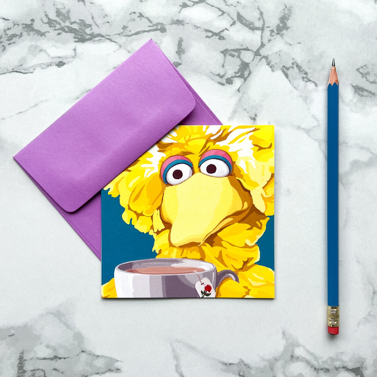 Blank greeting card - Yellow bird drinking Red Rose tea