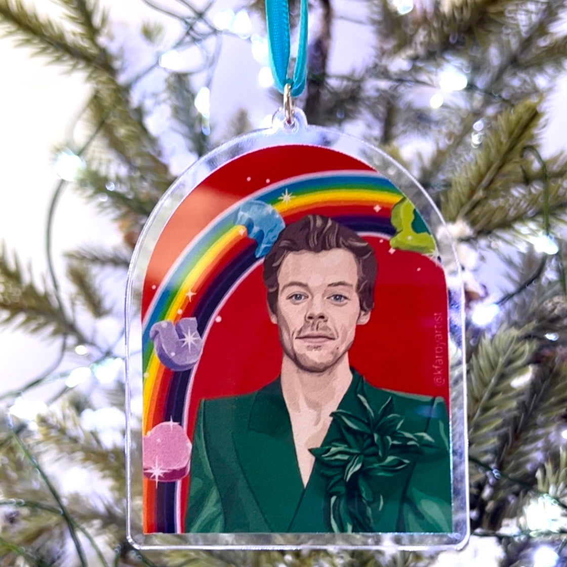 Harry Styles and Lucky Charms acrylic Christmas tree ornament