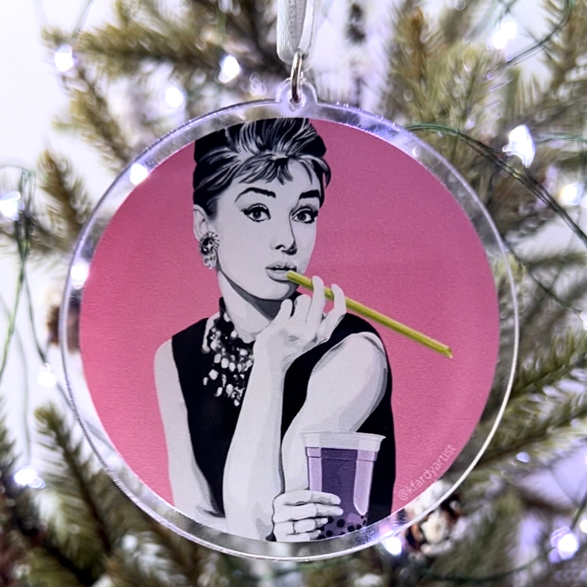 Audrey Hepburn with boba acrylic Christmas tree ornament