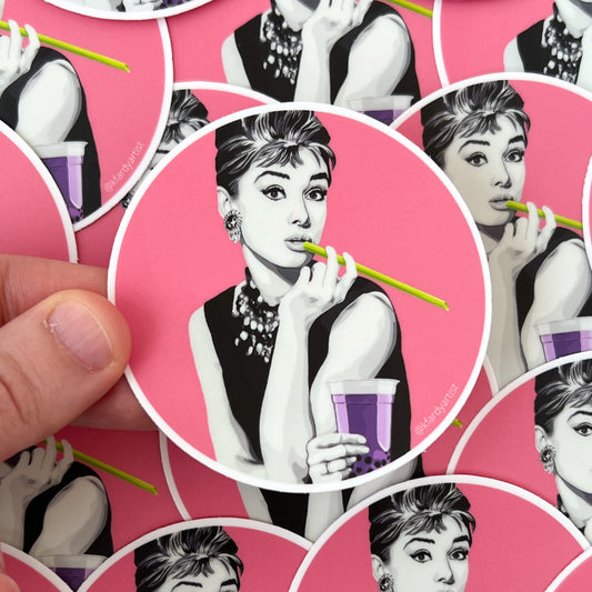 Audrey Hepburn with boba round 3" sticker