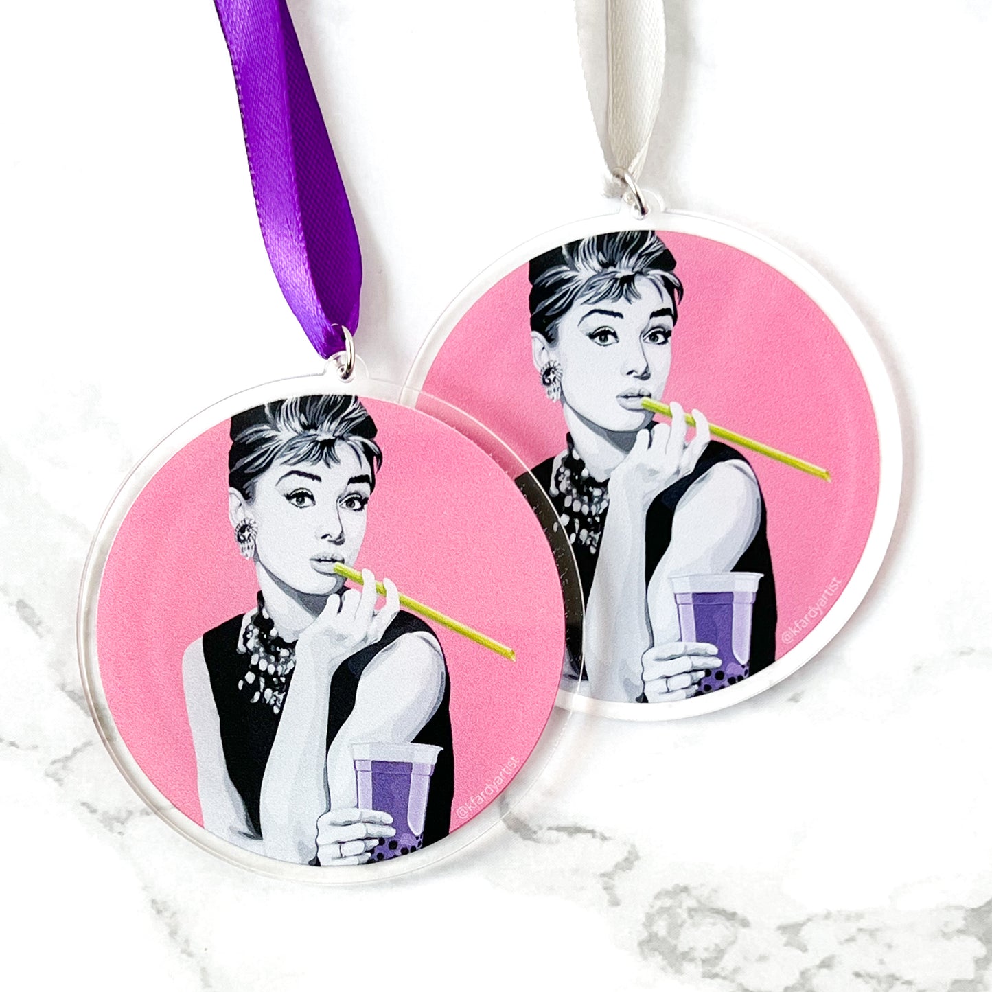 Audrey Hepburn with boba acrylic Christmas tree ornament