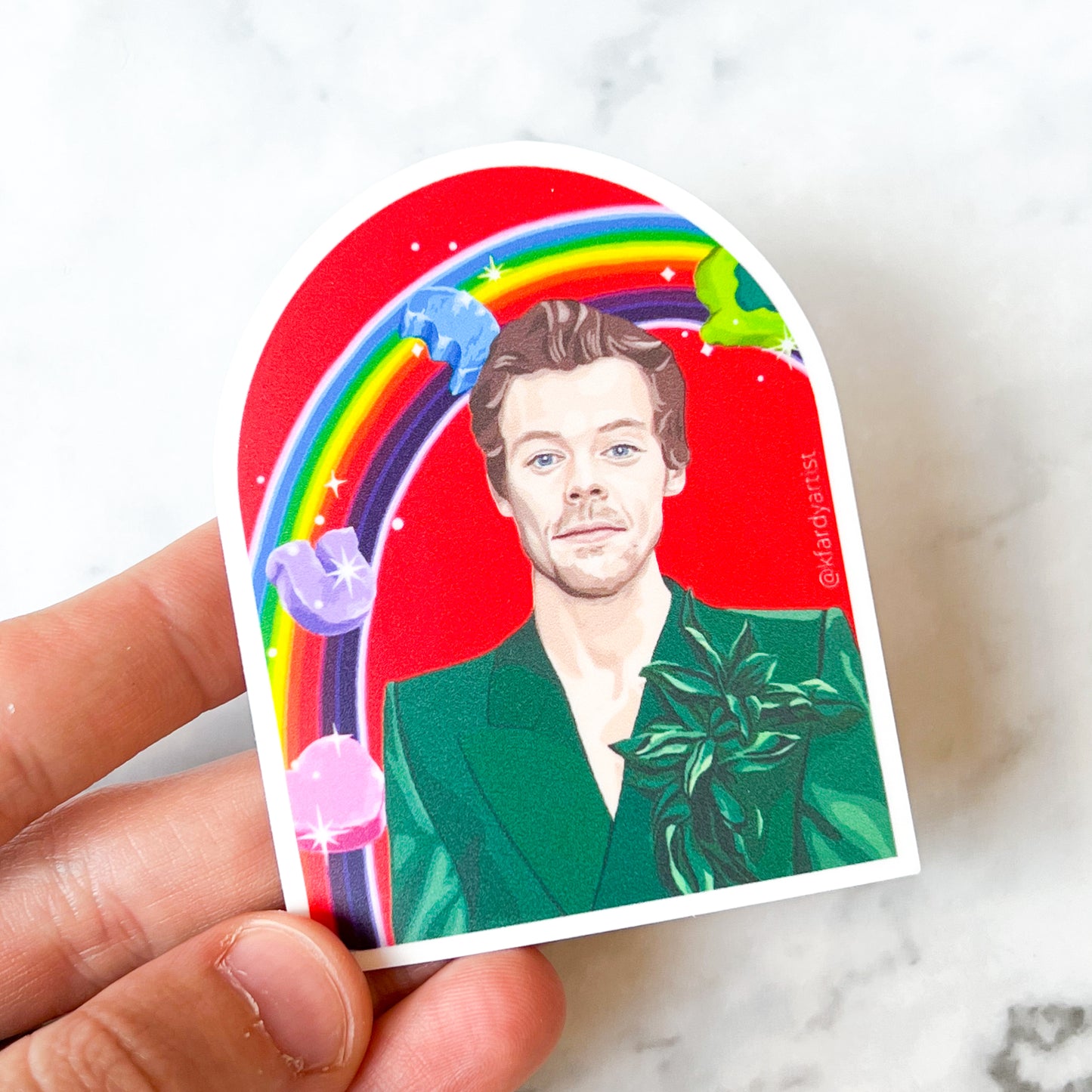 Harry Styles with rainbow arched 3" sticker