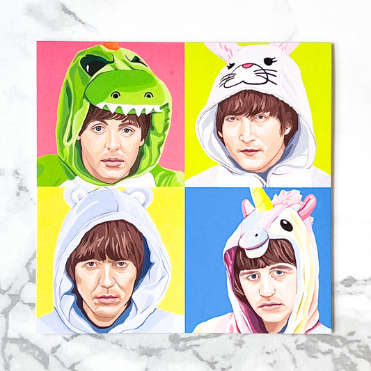 Blank greeting card  - The Beatles in animal onesies