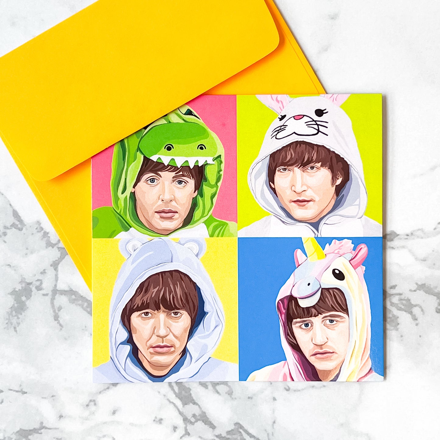 Blank greeting card  - The Beatles in animal onesies