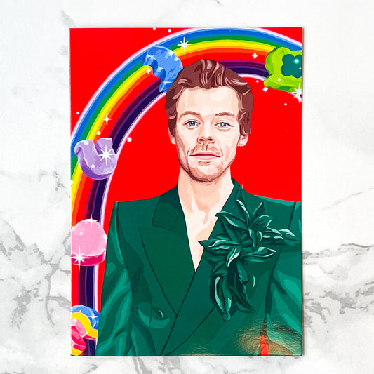 Blank greeting card  - Harry Styles with rainbow and marshmallows