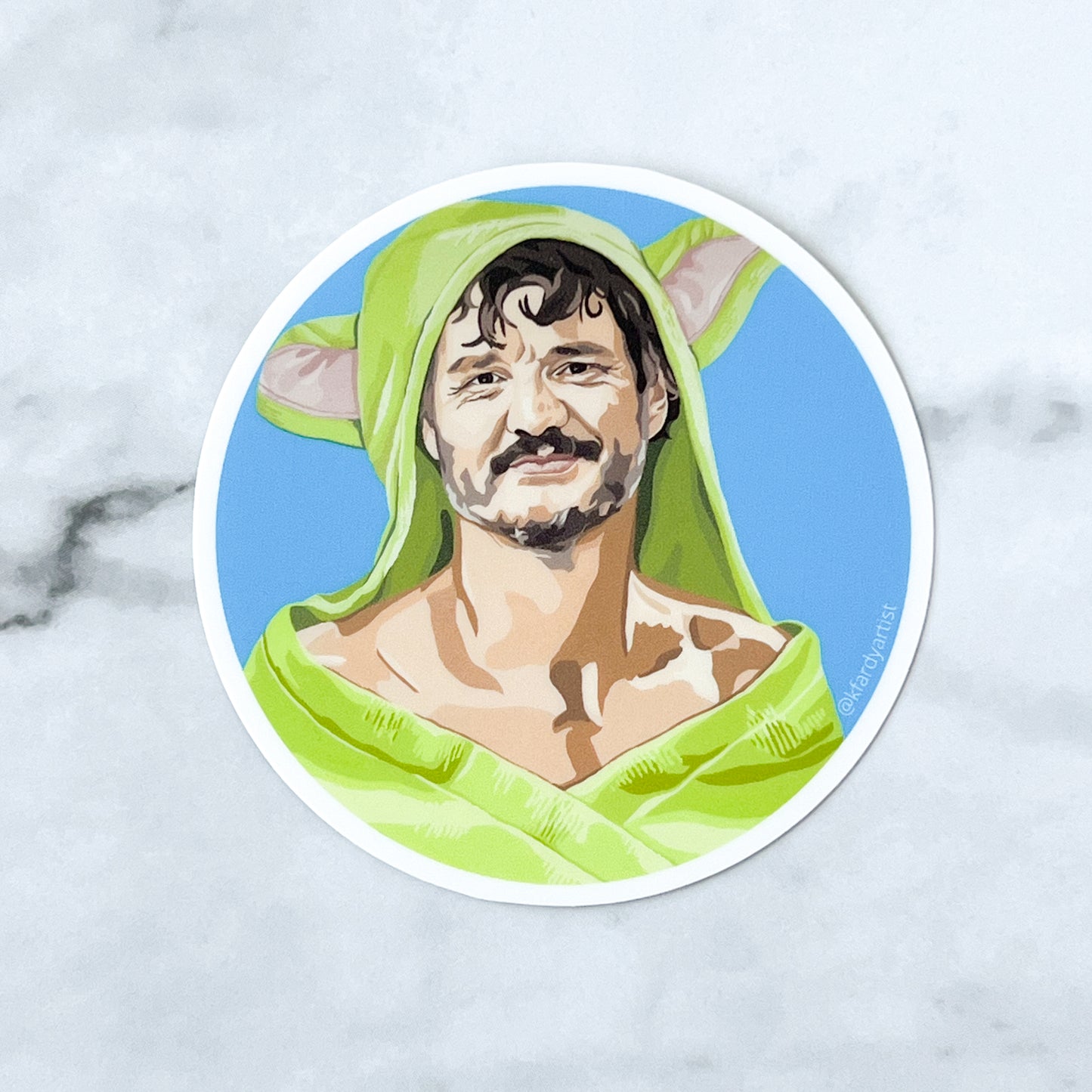 Pedro Pascal in bath wrap round 3" sticker