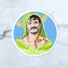Load image into Gallery viewer, Pedro Pascal with baby Yoda towel round 3&quot; sticker

