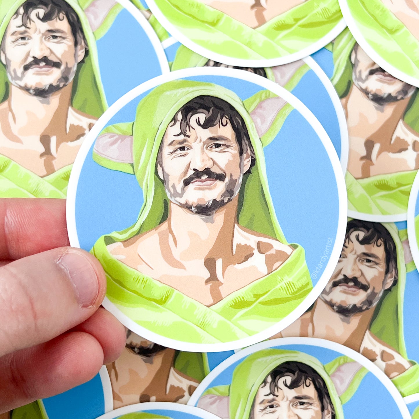 Pedro Pascal in bath wrap round 3" sticker