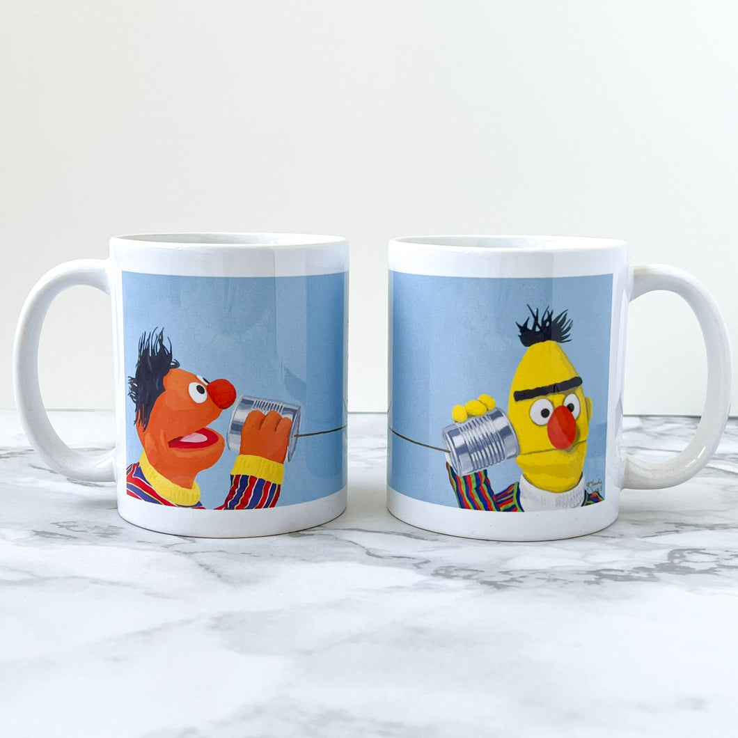 Ernie and Bert with tin can telephone 11oz mug