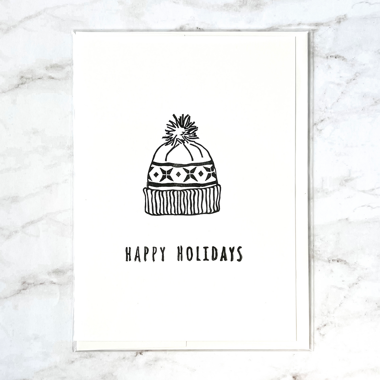 "Happy Holidays" winter hat hand-stamped card