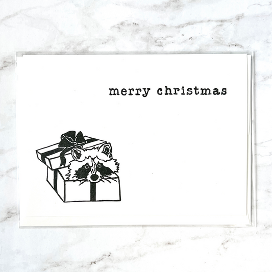 "Merry Christmas" raccoon hand-stamped card