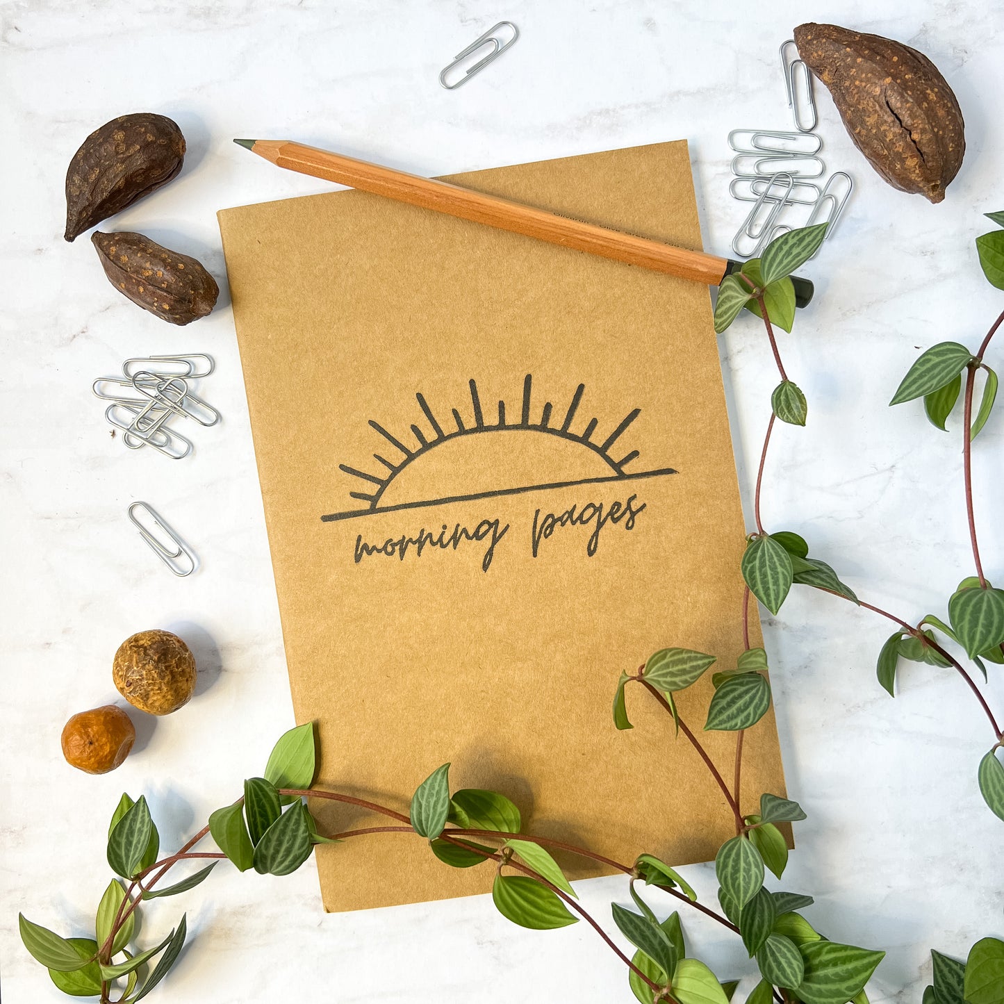 Morning Pages hand-stamped sunrise notebook/sketchbook (blank, lined, or dot grid pages)