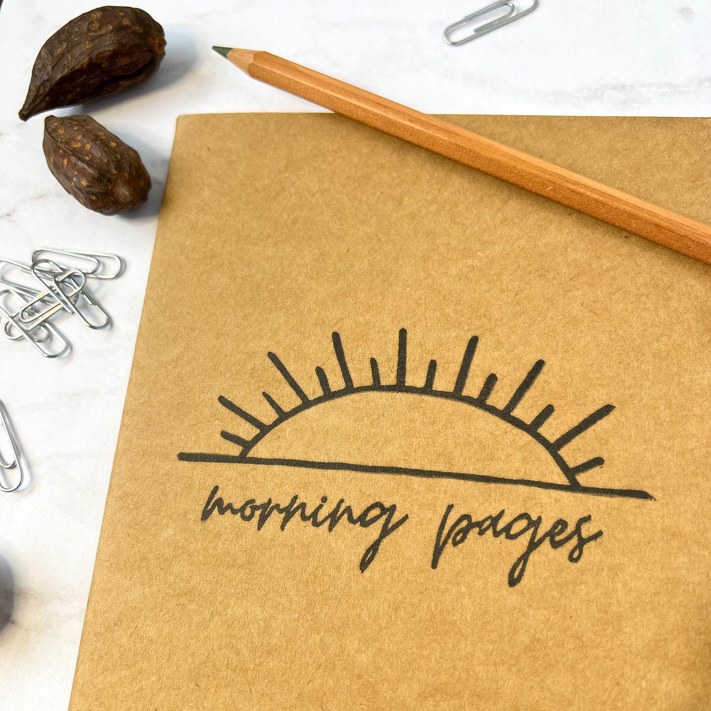 Morning Pages hand-stamped sunrise notebook/sketchbook (blank, lined, or dot grid pages)