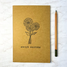 Load image into Gallery viewer, Sweet Secrets hand-stamped floral notebook/sketchbook (blank, lined, or dot grid)
