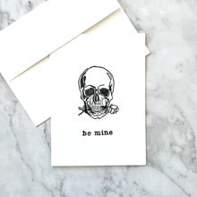 Load image into Gallery viewer, &quot;Be Mine&quot; hand-stamped skull valentine card
