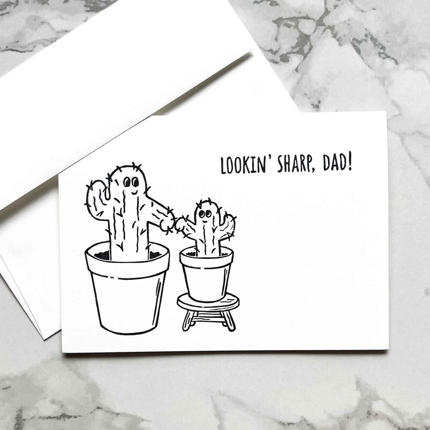 "Lookin' Sharp, Dad" cactus pun hand-stamped Father's Day card