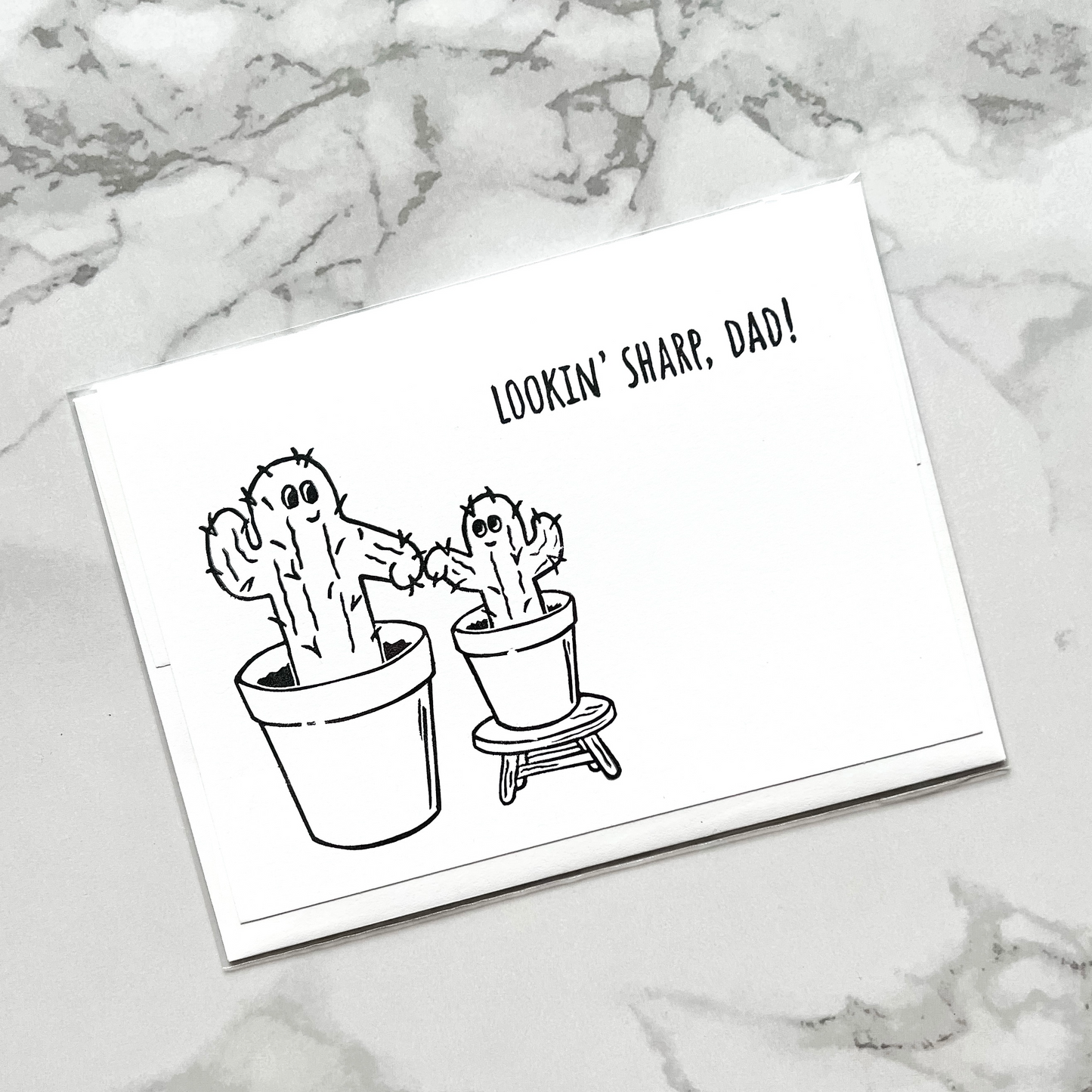 "Lookin' Sharp, Dad" cactus pun hand-stamped Father's Day card