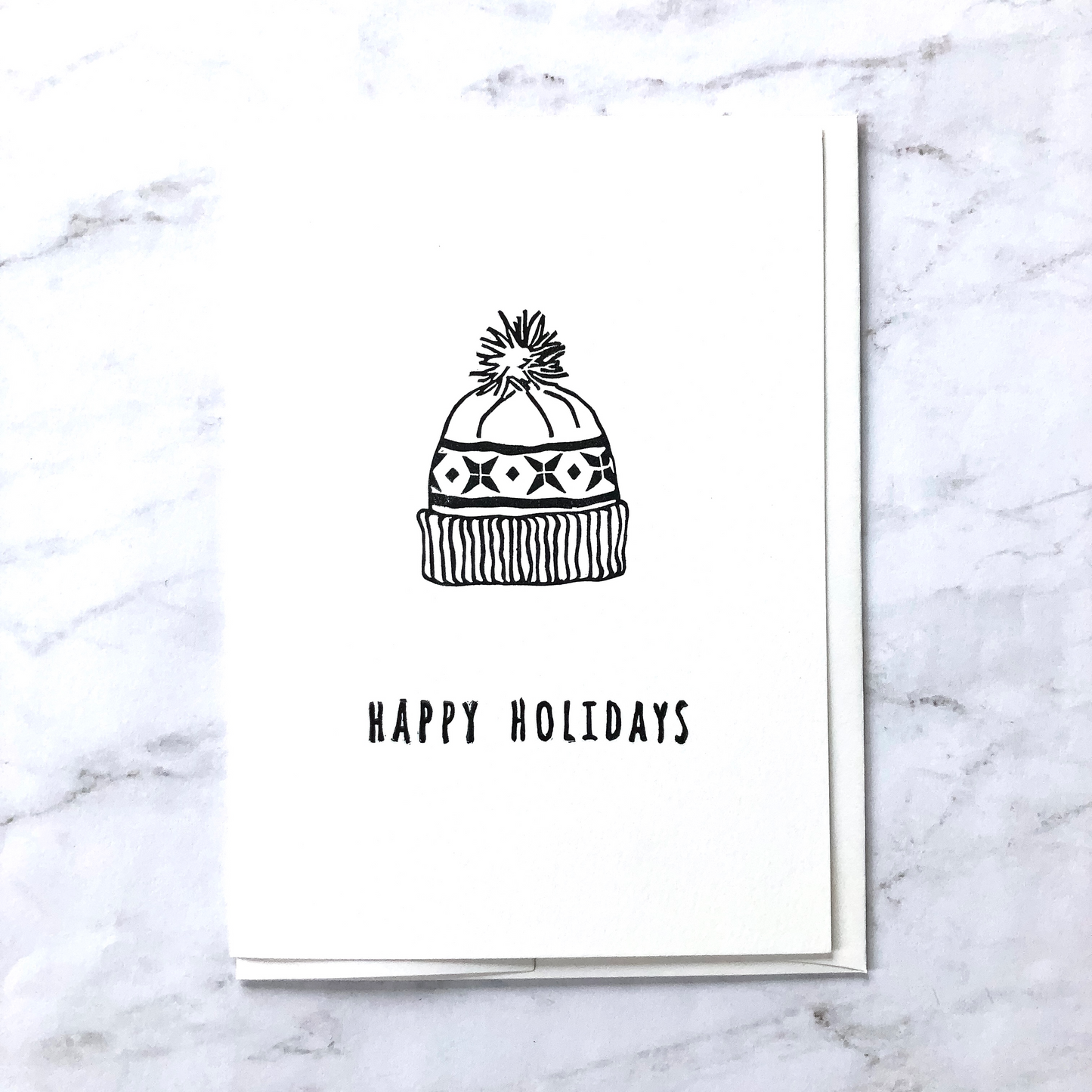 "Happy Holidays" winter hat hand-stamped card