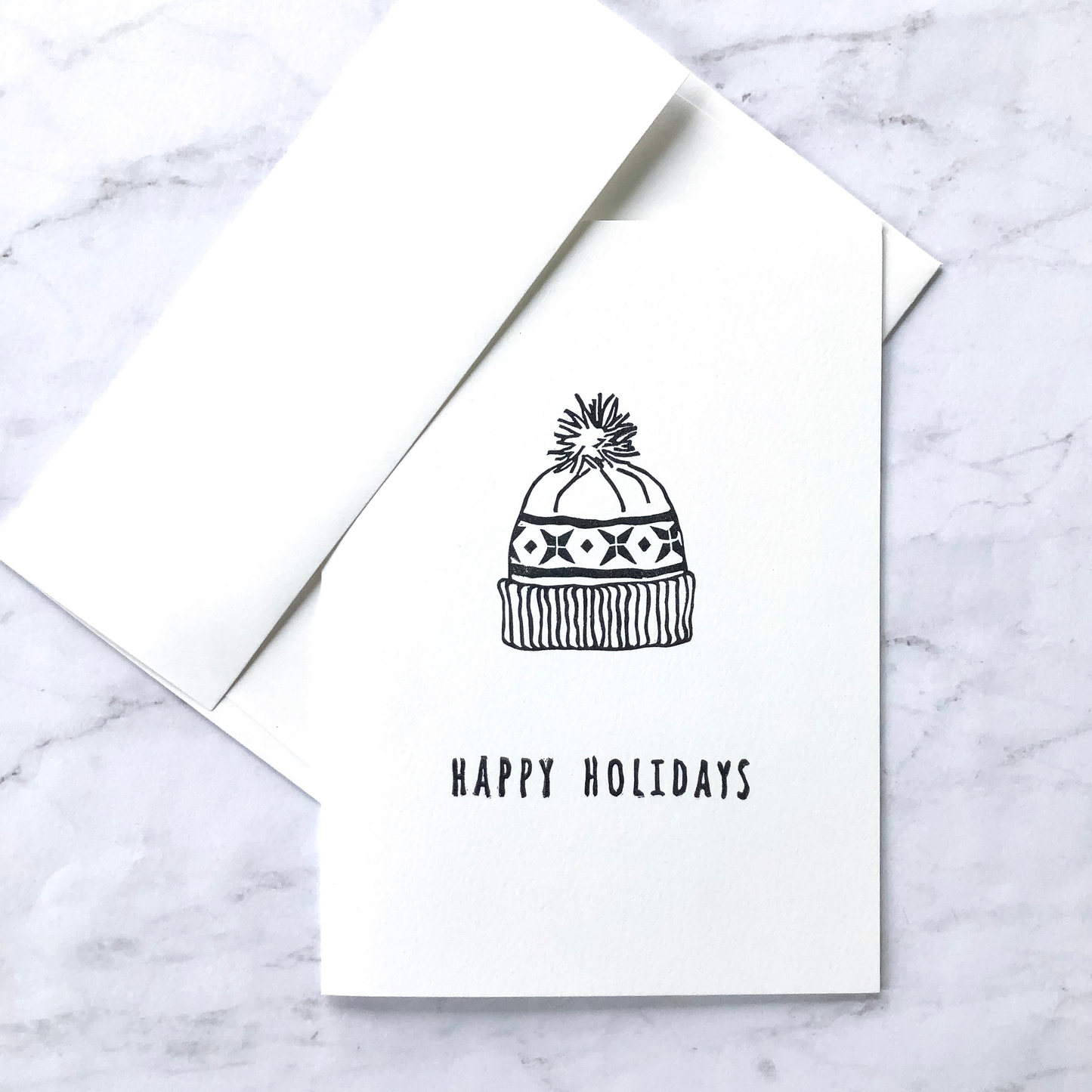 "Happy Holidays" winter hat hand-stamped card