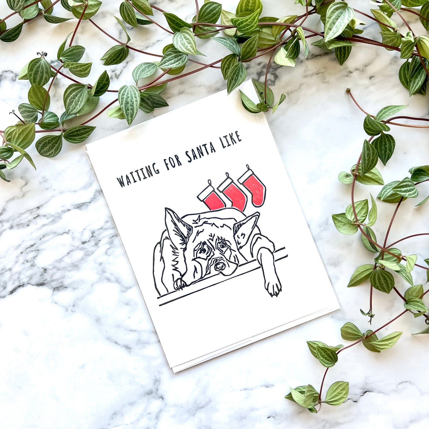 "Waiting for Santa Like" sad dog hand-stamped card