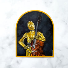 Load image into Gallery viewer, C3PO Playing the Bass 3&quot; arch sticker
